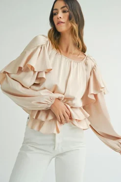 Discount Dear-Lover Lace-up Keyhole Back Ruffled Peplum Blouse Oatmeal