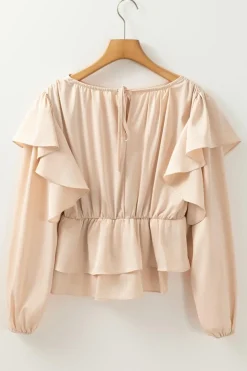 Discount Dear-Lover Lace-up Keyhole Back Ruffled Peplum Blouse Oatmeal