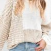 Outlet Dear-Lover Mixed Pattern Knit Tie Keyhole Drop Shoulder Sweater Oatmeal