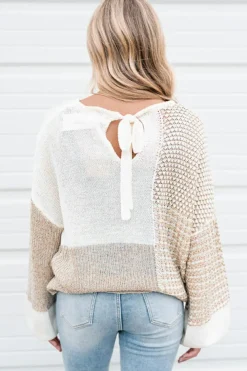 Outlet Dear-Lover Mixed Pattern Knit Tie Keyhole Drop Shoulder Sweater Oatmeal