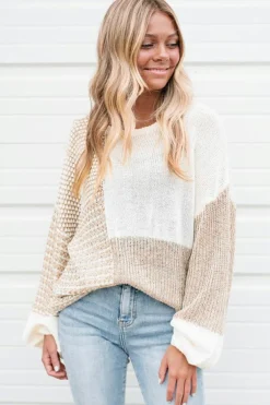 Outlet Dear-Lover Mixed Pattern Knit Tie Keyhole Drop Shoulder Sweater Oatmeal