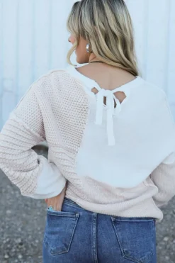 Outlet Dear-Lover Mixed Pattern Knit Tie Keyhole Drop Shoulder Sweater Oatmeal