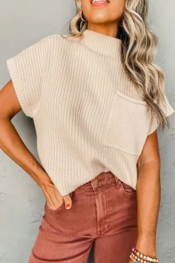 Outlet Dear-Lover Patch Pocket Ribbed Knit Short Sleeve Sweater Oatmeal