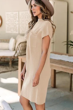 New Dear-Lover Patch Pocket Ribbed Knit Short Sleeve Sweater Dress Oatmeal