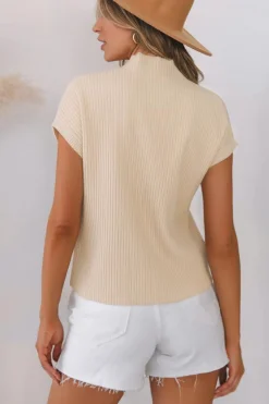 Outlet Dear-Lover Patch Pocket Ribbed Knit Short Sleeve Sweater Oatmeal