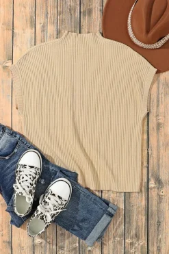 Outlet Dear-Lover Patch Pocket Ribbed Knit Short Sleeve Sweater Oatmeal