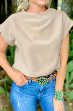 Discount Dear-Lover Plain Crew Neck Loose Fit Casual Top Oatmeal
