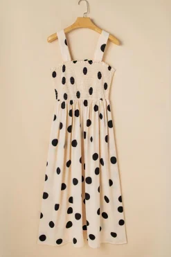 Online Dear-Lover Polka Dot Smocked Fit Flared Sleeveless Long Dress Oatmeal