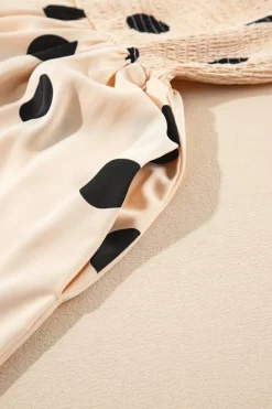 Online Dear-Lover Polka Dot Smocked Fit Flared Sleeveless Long Dress Oatmeal
