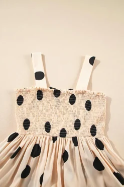 Online Dear-Lover Polka Dot Smocked Fit Flared Sleeveless Long Dress Oatmeal