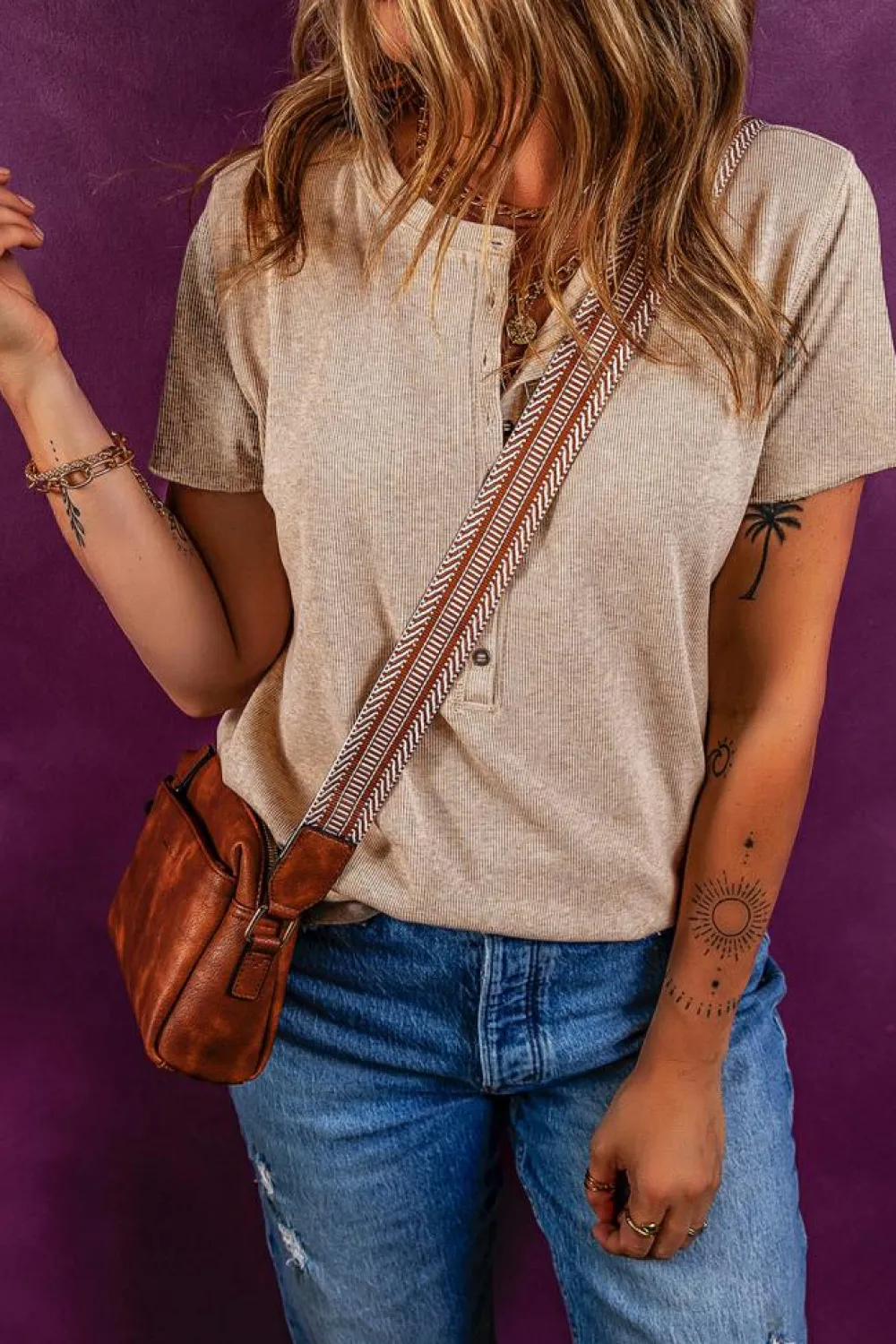 Hot Dear-Lover Short Sleeve Half Button Ribbed Knit Top Oatmeal