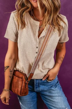 Hot Dear-Lover Short Sleeve Half Button Ribbed Knit Top Oatmeal