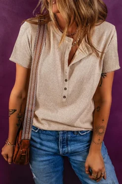Hot Dear-Lover Short Sleeve Half Button Ribbed Knit Top Oatmeal