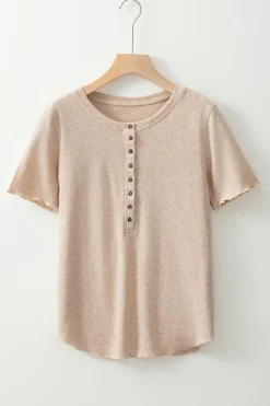Hot Dear-Lover Short Sleeve Half Button Ribbed Knit Top Oatmeal