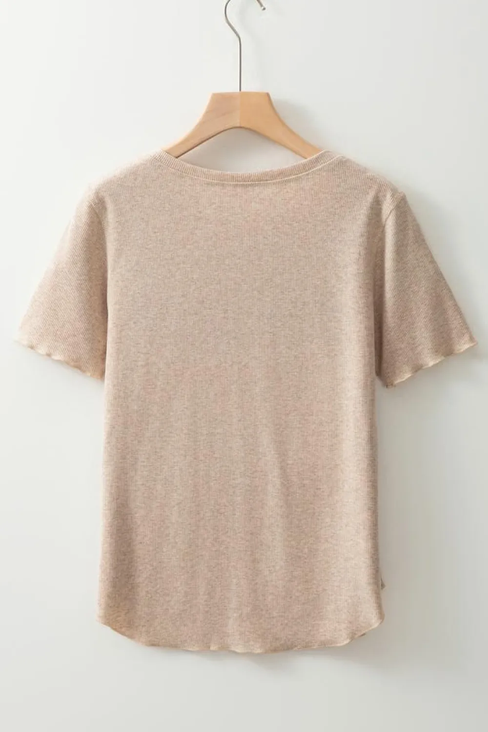 Hot Dear-Lover Short Sleeve Half Button Ribbed Knit Top Oatmeal