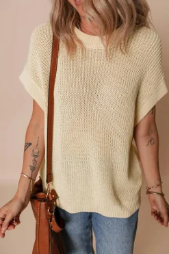 Best Dear-Lover Solid Color Batwing Short Sleeve Round Neck Knit T Shirt Oatmeal