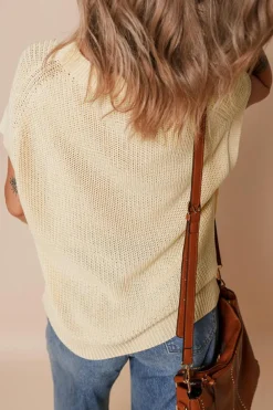 Best Dear-Lover Solid Color Batwing Short Sleeve Round Neck Knit T Shirt Oatmeal