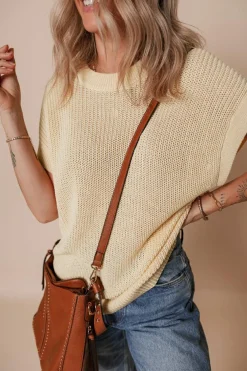 Best Dear-Lover Solid Color Batwing Short Sleeve Round Neck Knit T Shirt Oatmeal
