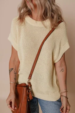 Best Dear-Lover Solid Color Batwing Short Sleeve Round Neck Knit T Shirt Oatmeal