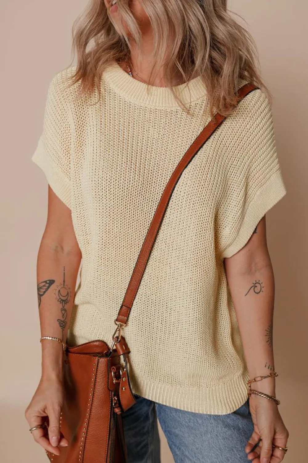 Best Dear-Lover Solid Color Batwing Short Sleeve Round Neck Knit T Shirt Oatmeal