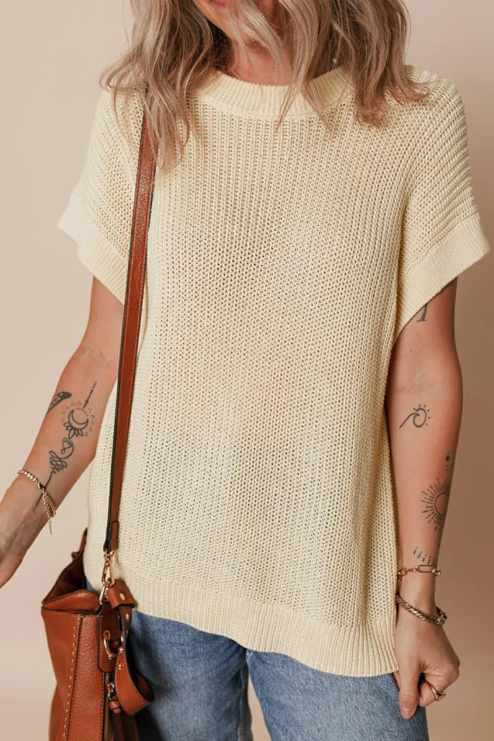 Best Dear-Lover Solid Color Batwing Short Sleeve Round Neck Knit T Shirt Oatmeal