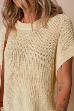 Best Dear-Lover Solid Color Batwing Short Sleeve Round Neck Knit T Shirt Oatmeal