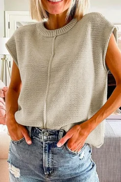 Best Dear-Lover Solid Color Cap Sleeve Knitted Sweater Oatmeal