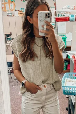 Best Dear-Lover Solid Color Cap Sleeve Knitted Sweater Oatmeal