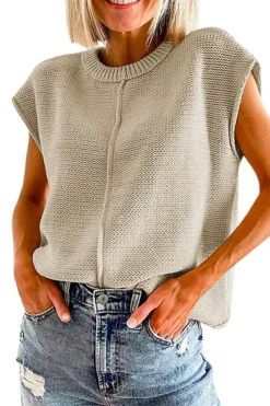 Best Dear-Lover Solid Color Cap Sleeve Knitted Sweater Oatmeal