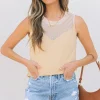Sale Dear-Lover Solid Mesh Patchwork Crew Neck Tank Top Oatmeal