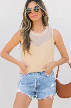Sale Dear-Lover Solid Mesh Patchwork Crew Neck Tank Top Oatmeal