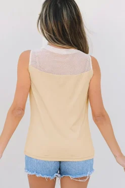 Sale Dear-Lover Solid Mesh Patchwork Crew Neck Tank Top Oatmeal