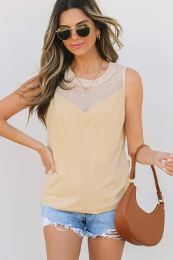 Sale Dear-Lover Solid Mesh Patchwork Crew Neck Tank Top Oatmeal
