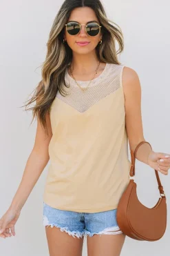 Sale Dear-Lover Solid Mesh Patchwork Crew Neck Tank Top Oatmeal
