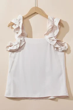 Discount Dear-Lover Solid Ruffle Trim Sleeveless Top Oatmeal