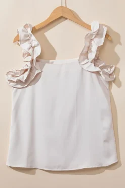 Discount Dear-Lover Solid Ruffle Trim Sleeveless Top Oatmeal