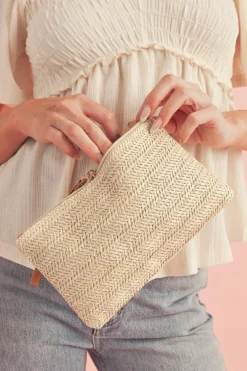 New Dear-Lover Straw Woven Wrist Strap Zipper Large Wallet Oatmeal
