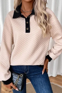 Fashion Dear-Lover Textured Colorblock Edge Buttoned Collar Sweatshirt Oatmeal