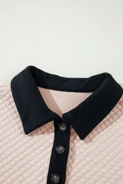 Fashion Dear-Lover Textured Colorblock Edge Buttoned Collar Sweatshirt Oatmeal