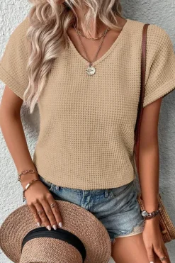 Online Dear-Lover Textured Knit Button Back Cuffed Sleeve Tee Oatmeal