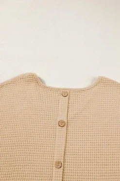 Online Dear-Lover Textured Knit Button Back Cuffed Sleeve Tee Oatmeal