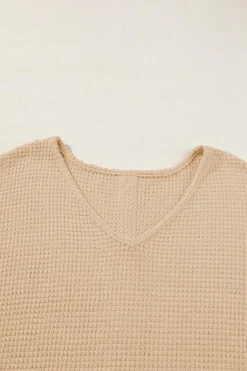 Online Dear-Lover Textured Knit Button Back Cuffed Sleeve Tee Oatmeal