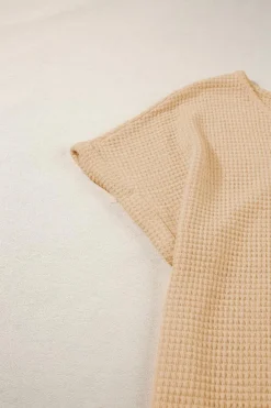 Online Dear-Lover Textured Knit Button Back Cuffed Sleeve Tee Oatmeal