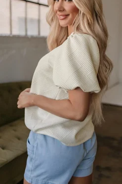 Sale Dear-Lover Textured Puff Sleeve T-shirt Oatmeal