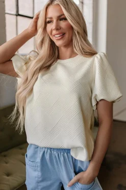 Sale Dear-Lover Textured Puff Sleeve T-shirt Oatmeal
