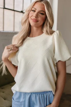 Sale Dear-Lover Textured Puff Sleeve T-shirt Oatmeal
