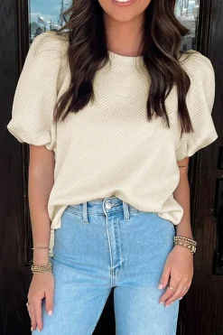 Sale Dear-Lover Textured Puff Sleeve T-shirt Oatmeal