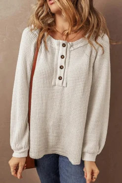 Fashion Dear-Lover Waffle Knit Buttoned Front Raglan Sleeve Loose Blouse Oatmeal