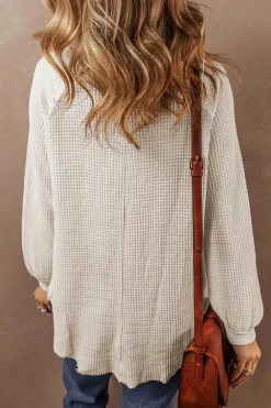 Fashion Dear-Lover Waffle Knit Buttoned Front Raglan Sleeve Loose Blouse Oatmeal