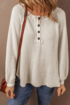 Fashion Dear-Lover Waffle Knit Buttoned Front Raglan Sleeve Loose Blouse Oatmeal